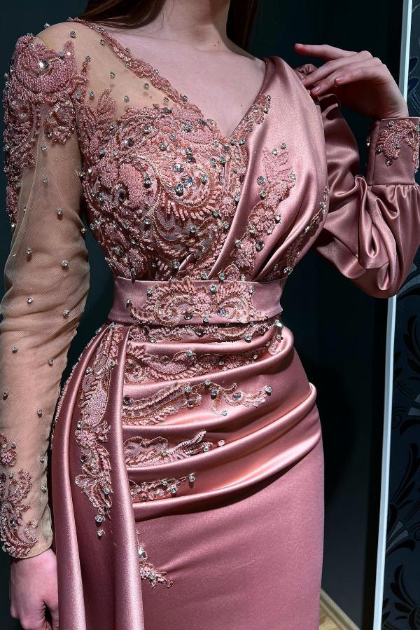 
                      
                        Elegant Pink V-Neck Mermaid Floor-Length Long Sleeve Prom, Formal Dress
                      
                    