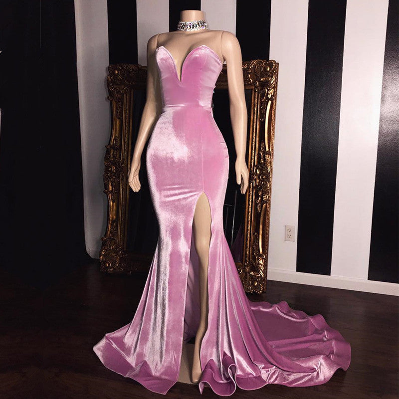 
                      
                        Elegant Pink Velvet Sweetheart Prom Dresses | Mermaid Long Evening Gowns With Slit BC1231
                      
                    