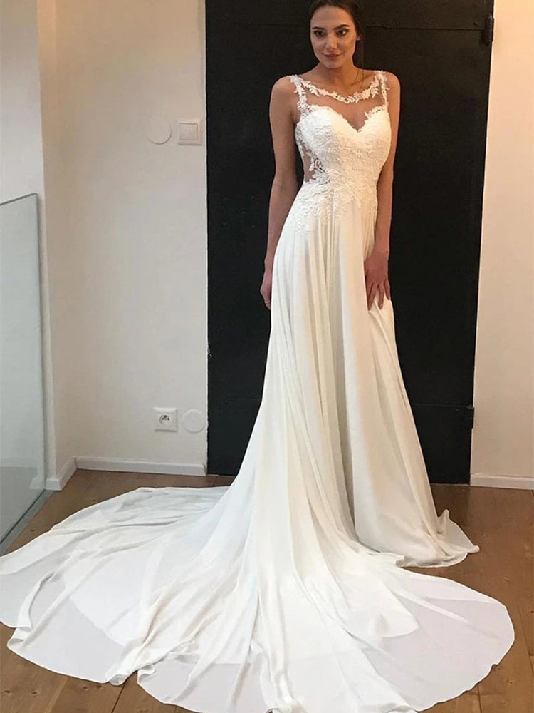 Elegant Round Neck Lace White Chiffon Wedding Prom Dresses, White Lace Formal Dresses, White Evening Dresses