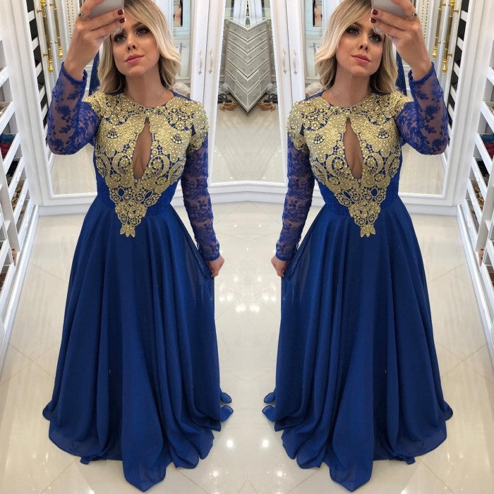 
                      
                        Elegant Royal Blue Evening Dress | Long Sleeve Lace Chiffon Prom Dress BC1624
                      
                    