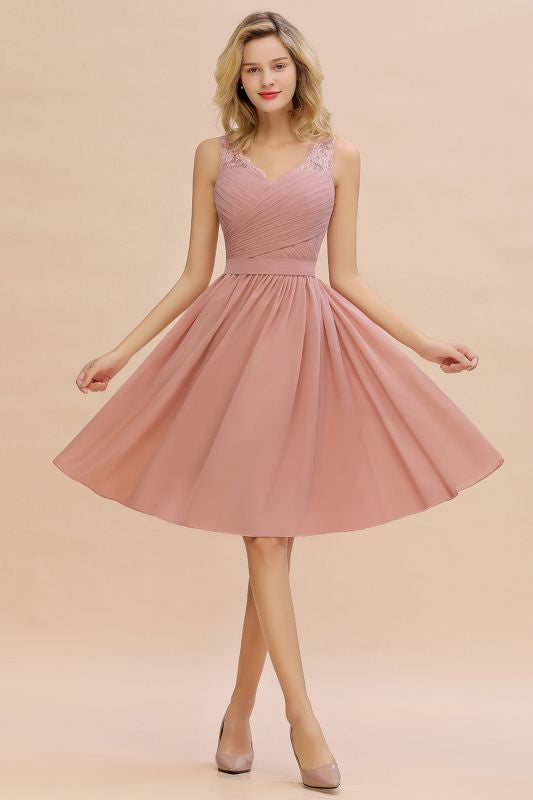 
                      
                        Elegant Ruffle Chiffon Short Bridesmaid Dress Sleeveless V-Neck Aline Knee Length Homecoming Dress - Dusty Pink / US 2 - Prom Dresses
                      
                    