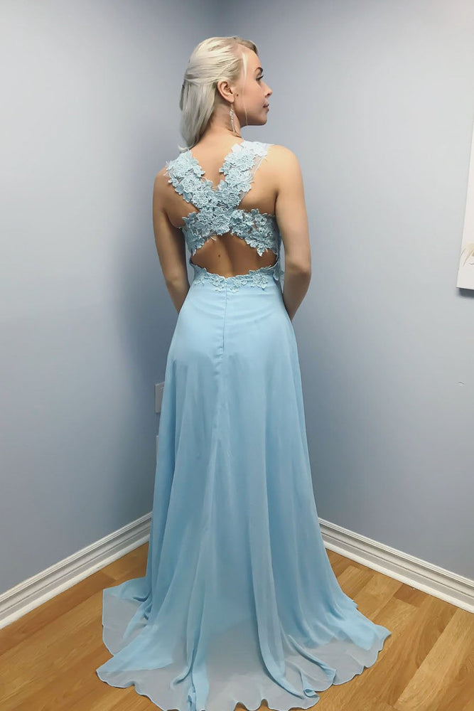 
                      
                        Elegant Sky Blue A Line Lace Long Prom Dresses, Sky Blue Lace Formal Graduation Evening Dresses
                      
                    