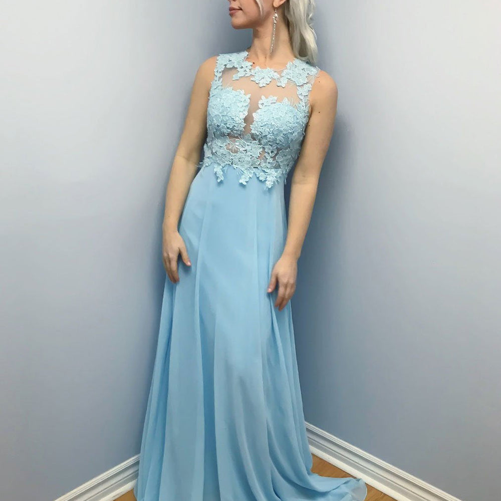 Elegant Sky Blue A Line Lace Long Prom Dresses, Sky Blue Lace Formal Graduation Evening Dresses