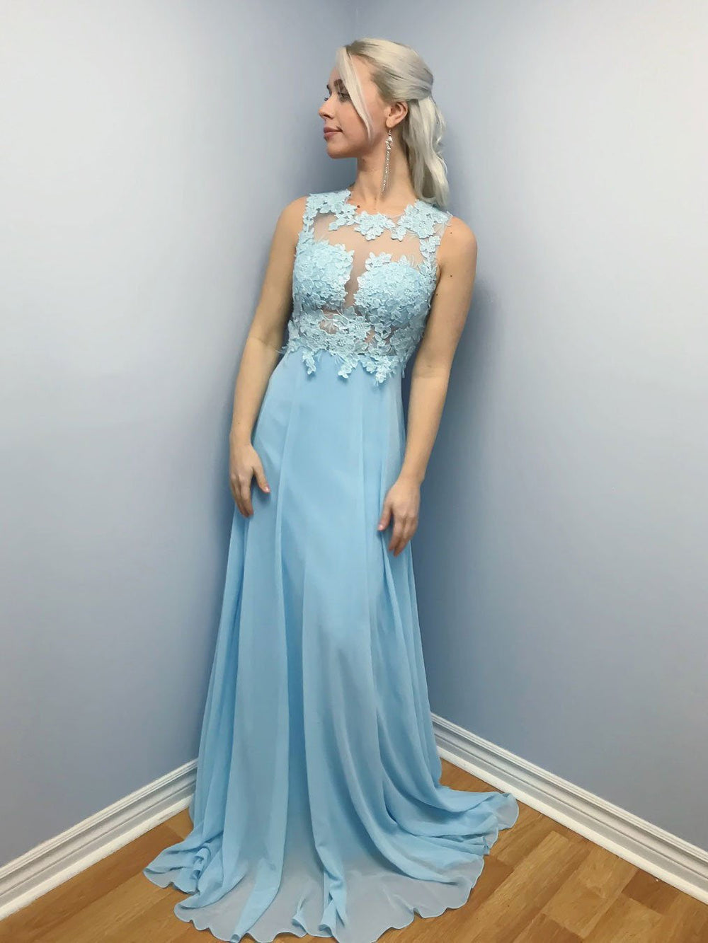 Elegant Sky Blue A Line Lace Long Prom Dresses, Sky Blue Lace Formal Graduation Evening Dresses