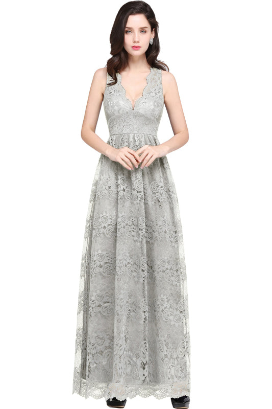 
                      
                        Elegant Sleeveless Bridesmaid Dress Floral Lace V-Neck Ankle Length Evening Dresses - Silver / US 2 - Prom Dresses
                      
                    