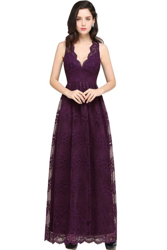 
                      
                        Elegant Sleeveless Bridesmaid Dress Floral Lace V-Neck Ankle Length Evening Dresses - Grape / US 2 - Prom Dresses
                      
                    