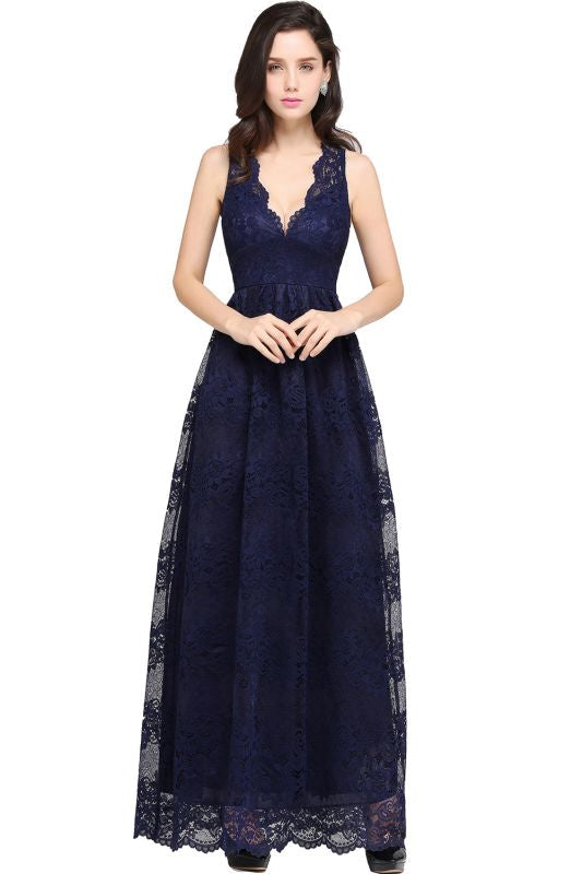 
                      
                        Elegant Sleeveless Bridesmaid Dress Floral Lace V-Neck Ankle Length Evening Dresses - Navy Blue / US 2 - Prom Dresses
                      
                    