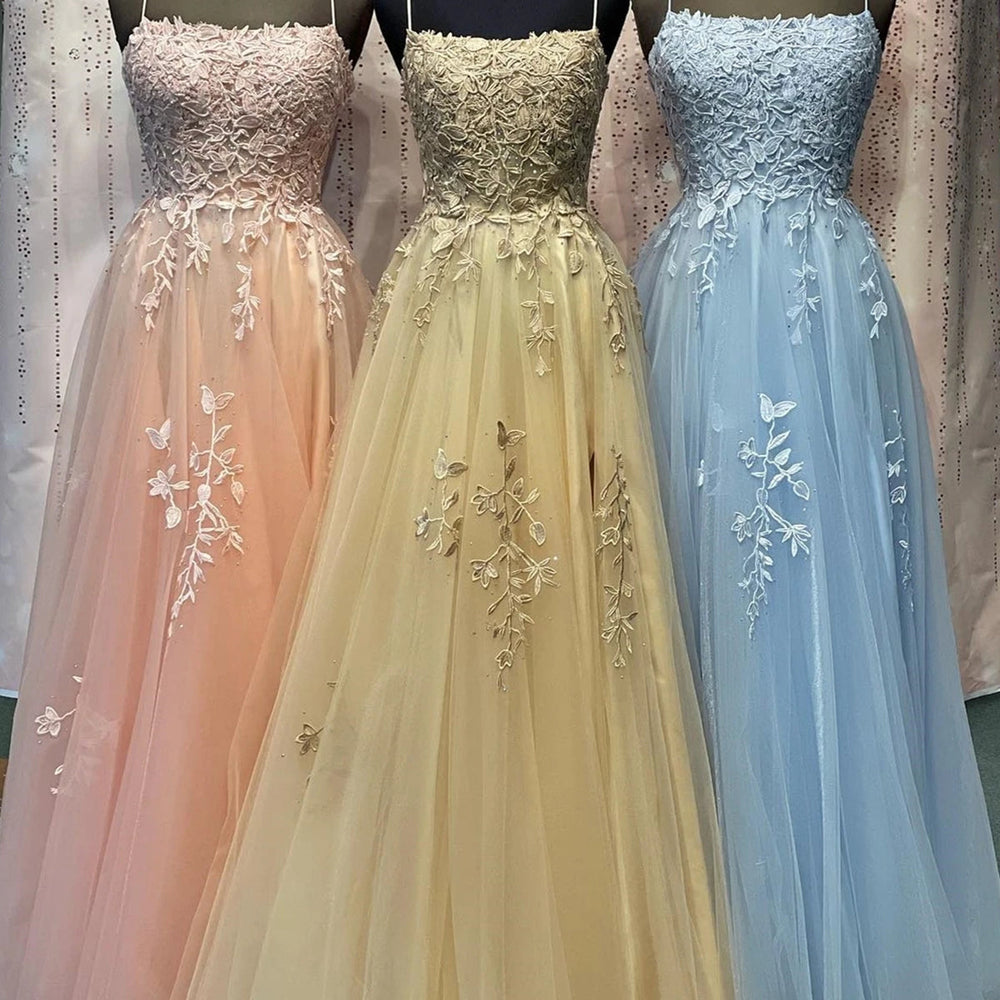 Elegant tti Straps Beaded Pink/Champagne/Blue Lace Tulle Long Prom Dresses, Pink/Champagne/Blue Lace Formal Graduation Evening Dresses 