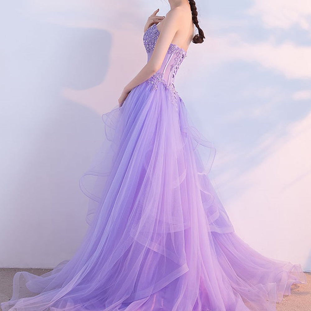 
                      
                        Elegant Strapless Open Back Purple Lace Long Prom Dresses, Purple Lace Formal Evening Dresses, Purple Ball Gown 
                      
                    