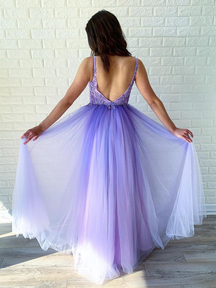 
                      
                        Elegant V Neck Backless Beaded Lace Purple Long Prom Dresses, Backless Purple Formal Graduation Evening Dresses
                      
                    