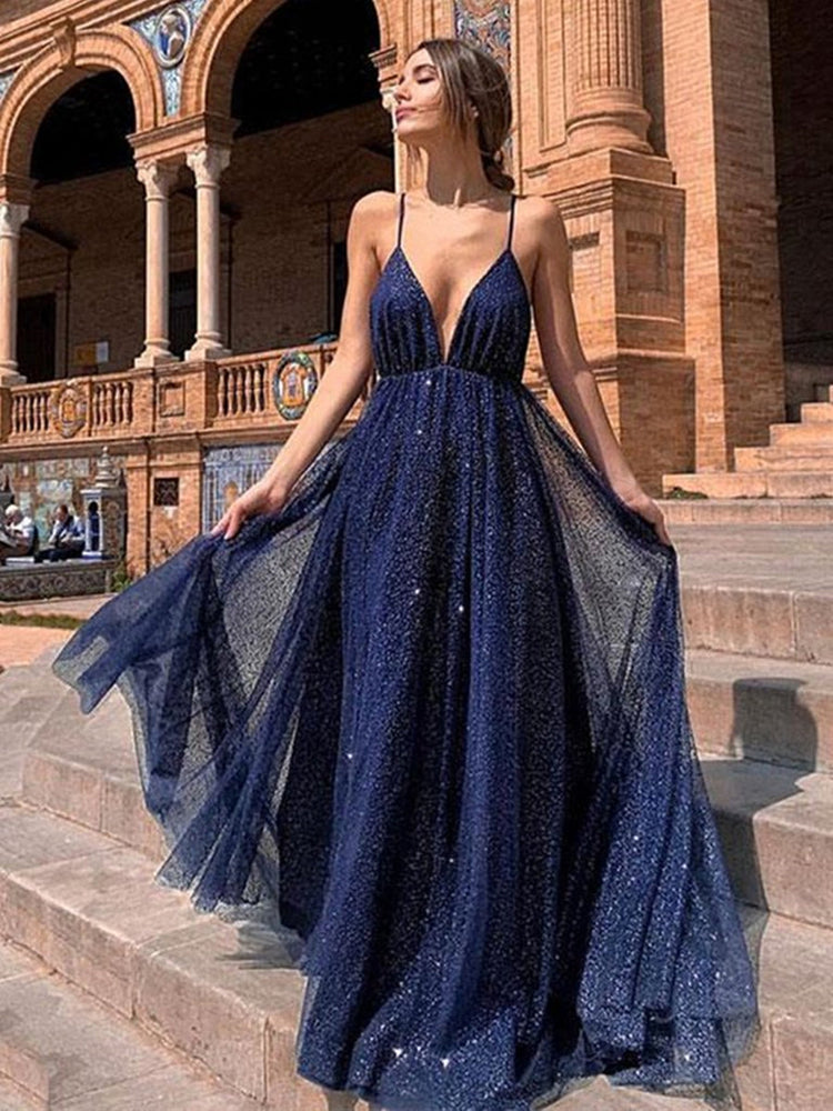 
                      
                        Elegant V Neck Backless Navy Blue Long Prom Dresses, y Navy Blue Formal Evening Dresses
                      
                    