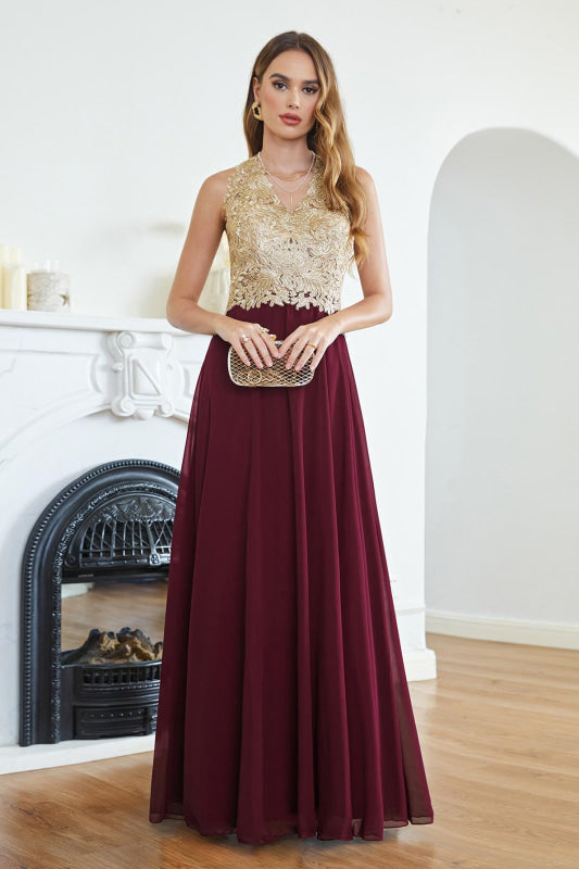 
                      
                        Elegant V-Neck Chiffon Long Evening Dress Sleeveless Gold Appliques Aline Special Occasion Dress - Burgundy / US 2 - Prom Dresses
                      
                    