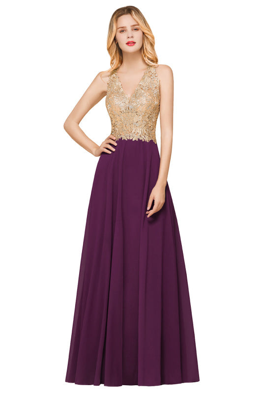 
                      
                        Elegant V-Neck Chiffon Long Evening Dress Sleeveless Gold Appliques Aline Special Occasion Dress - Prom Dresses
                      
                    