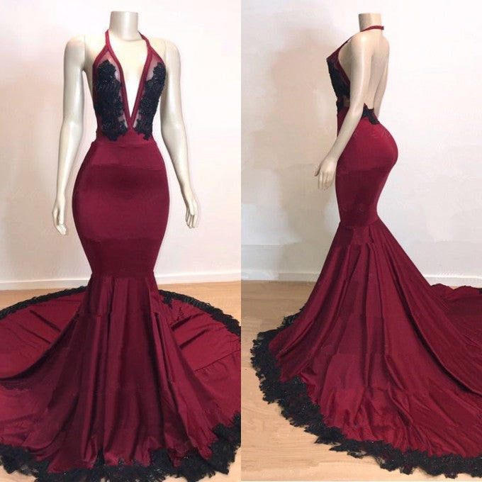 
                      
                        Elegant V-Neck Halter Mermaid Prom Dresses | Mermaid Appliques Evening Gowns BC0620
                      
                    