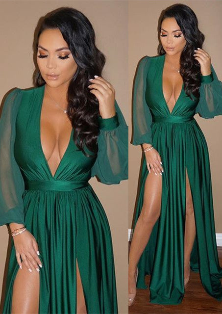 
                      
                        Elegant V-Neck Long Sleeve Prom Dress Green Split Long Evening Gowns BA7732
                      
                    