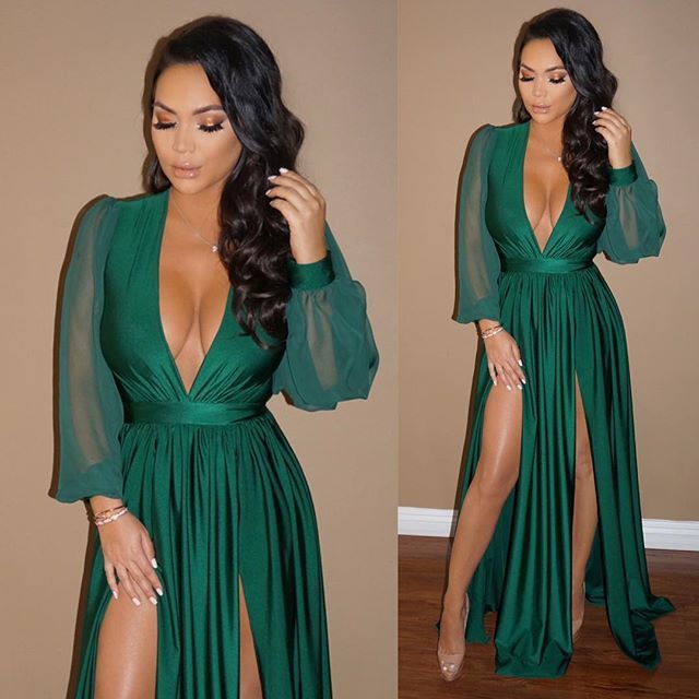 Elegant V-Neck Long Sleeve Prom Dress Green Split Long Evening Gowns BA7732