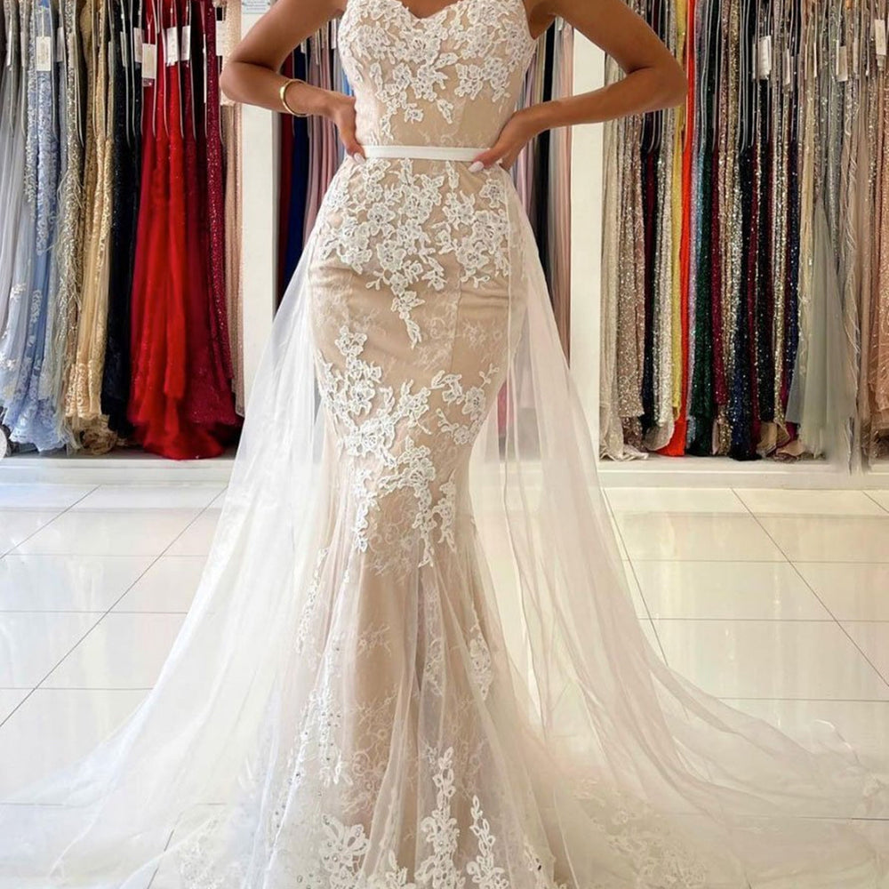 Elegant V Neck Mermaid Open Back Champagne Lace long Prom Dresses, Champagne Lace Formal Graduation Evening Dresses 