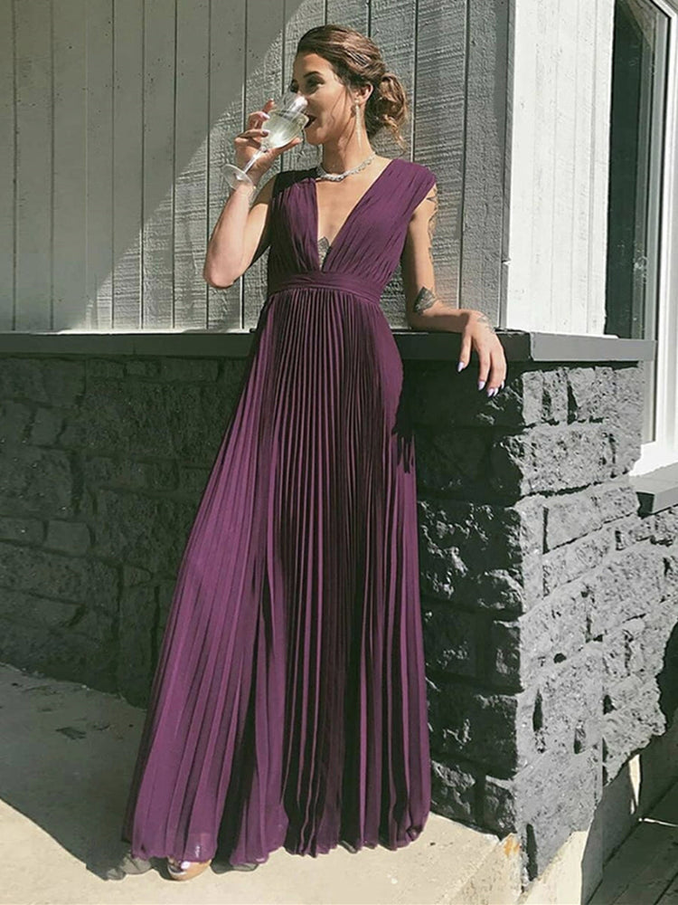 
                      
                        Elegant V Neck Purple Pleated Chiffon Long Prom Dresses, V Neck Purple Formal Graduation Evening Dresses
                      
                    