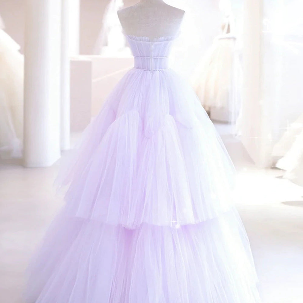 
                      
                        Elegant V Neck Purple Tulle Long Prom Dresses, Strapless Lilac Tulle Formal Evening Dresses, Lavender Ball Gown 
                      
                    