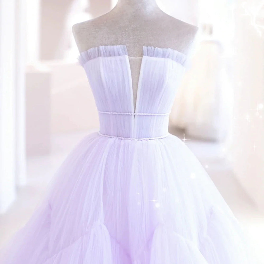 
                      
                        Elegant V Neck Purple Tulle Long Prom Dresses, Strapless Lilac Tulle Formal Evening Dresses, Lavender Ball Gown 
                      
                    