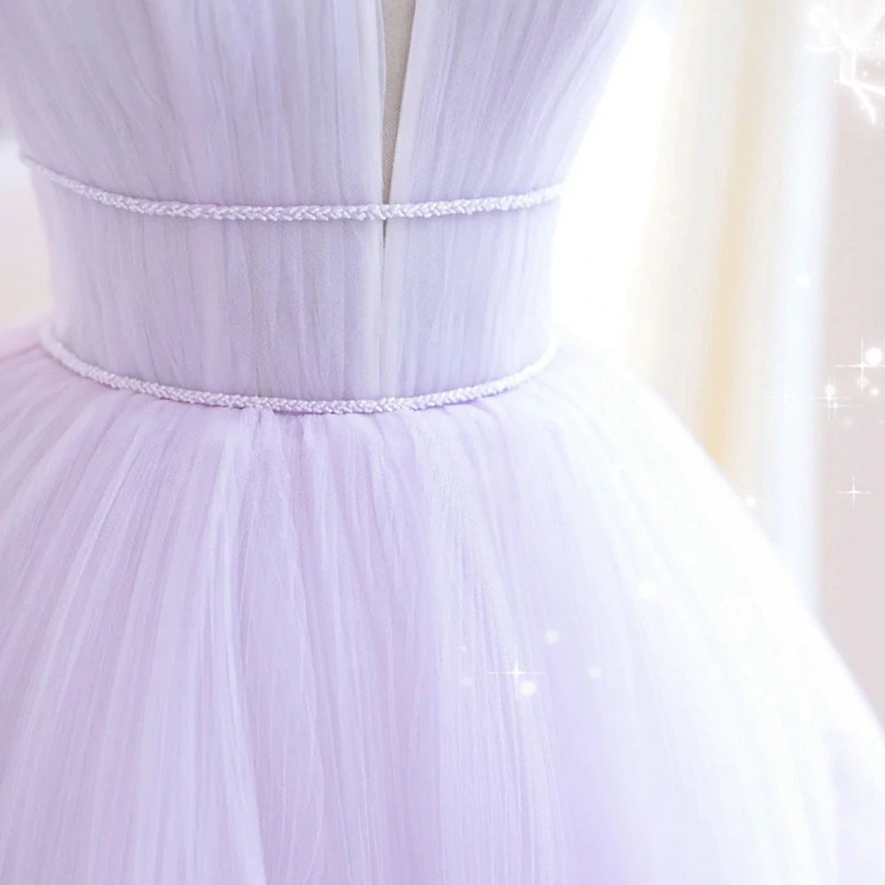 
                      
                        Elegant V Neck Purple Tulle Long Prom Dresses, Strapless Lilac Tulle Formal Evening Dresses, Lavender Ball Gown 
                      
                    