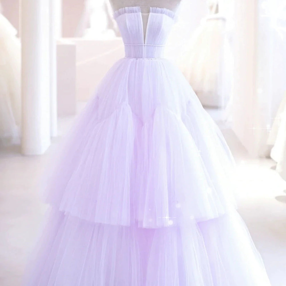 
                      
                        Elegant V Neck Purple Tulle Long Prom Dresses, Strapless Lilac Tulle Formal Evening Dresses, Lavender Ball Gown 
                      
                    