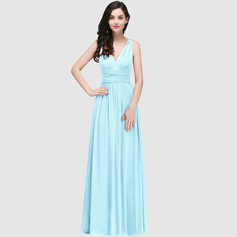 
                      
                        Elegant V-Neck Ruffle Chiffon Aline Bridesmaid Dress Sleeveless Long Evening Party Dress - Prom Dresses
                      
                    