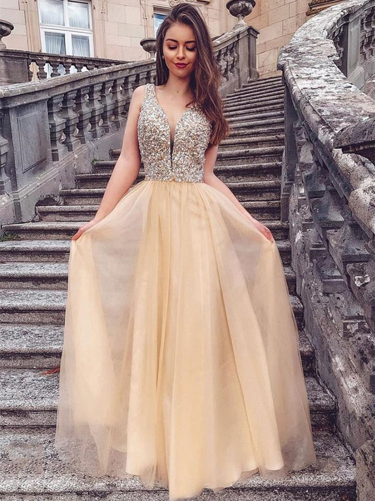 Elegant V Neck Sequins Long Chapagne Prom Dresses, y Champagne Formal Graduation Evening Dresses, Shiny Party Dresses