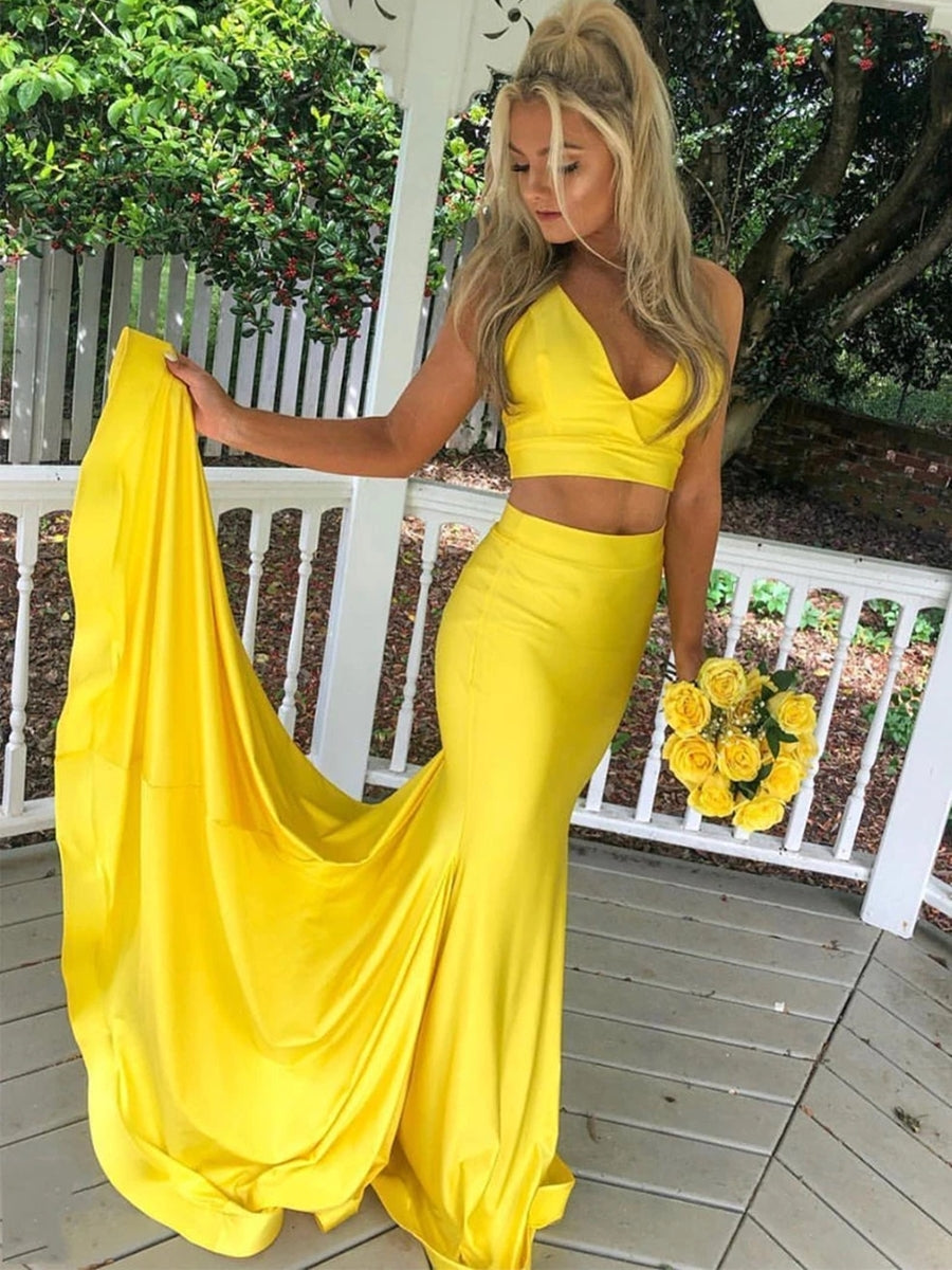 Elegant V Neck Two Pieces Mermaid Yellow Long Prom Dresses, 2 Pieces Mermaid Yellow Formal Graduation Evening Dresses