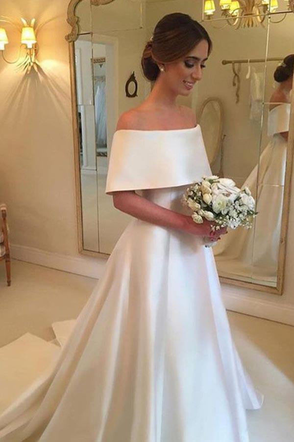 
                      
                        Elegant White Satin Off Shoulder Wedding Dresses, Off Shoulder White Satin Long Prom Dresses, White Formal Evening Dresses
                      
                    