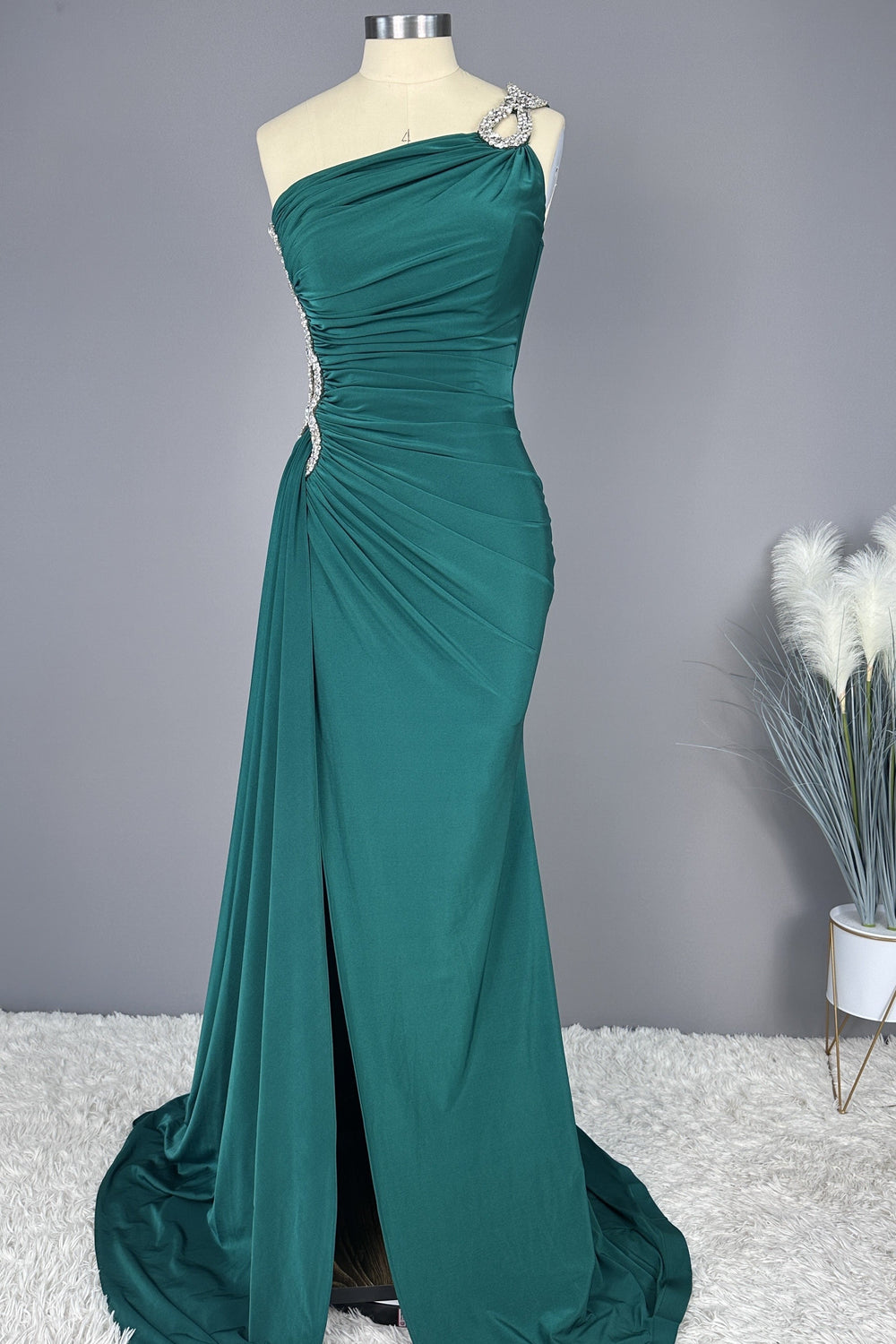 Emerald Green Sleeveless One Shoulder Appliques Long Prom Dress