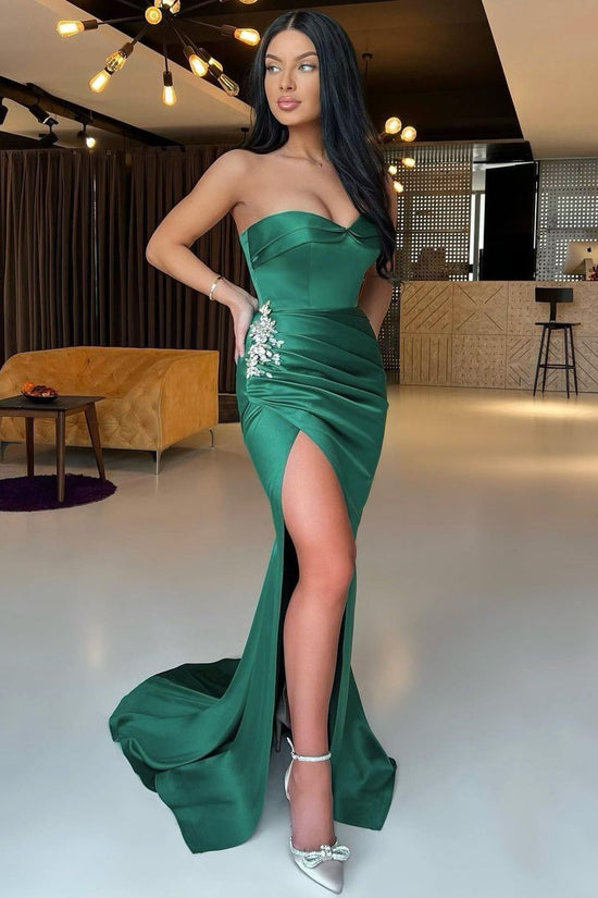 Emerald Green Sweetheart Sleeveless Mermaid Prom Dress Split with Rhinestones: