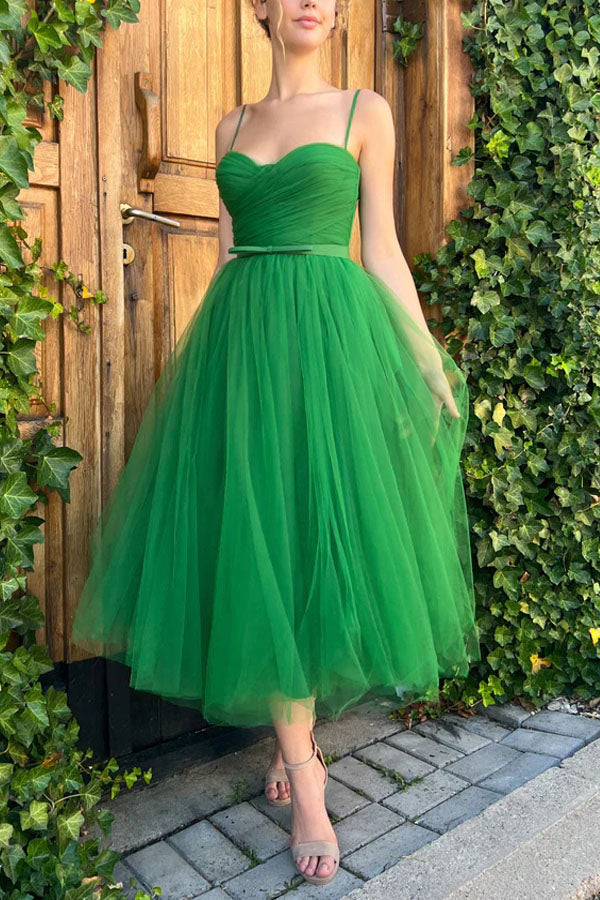 Emerald Green Tulle Tea Length Prom Gown Sweetheart Homecoming Dress