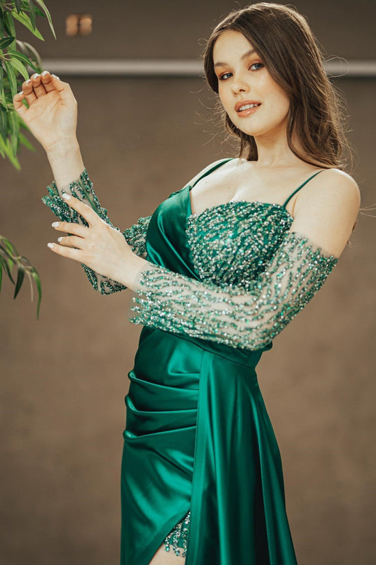 Emerald Sequins Prom Dress With Off-The-Shoulder Spaghetti Straps And Slit Pleated