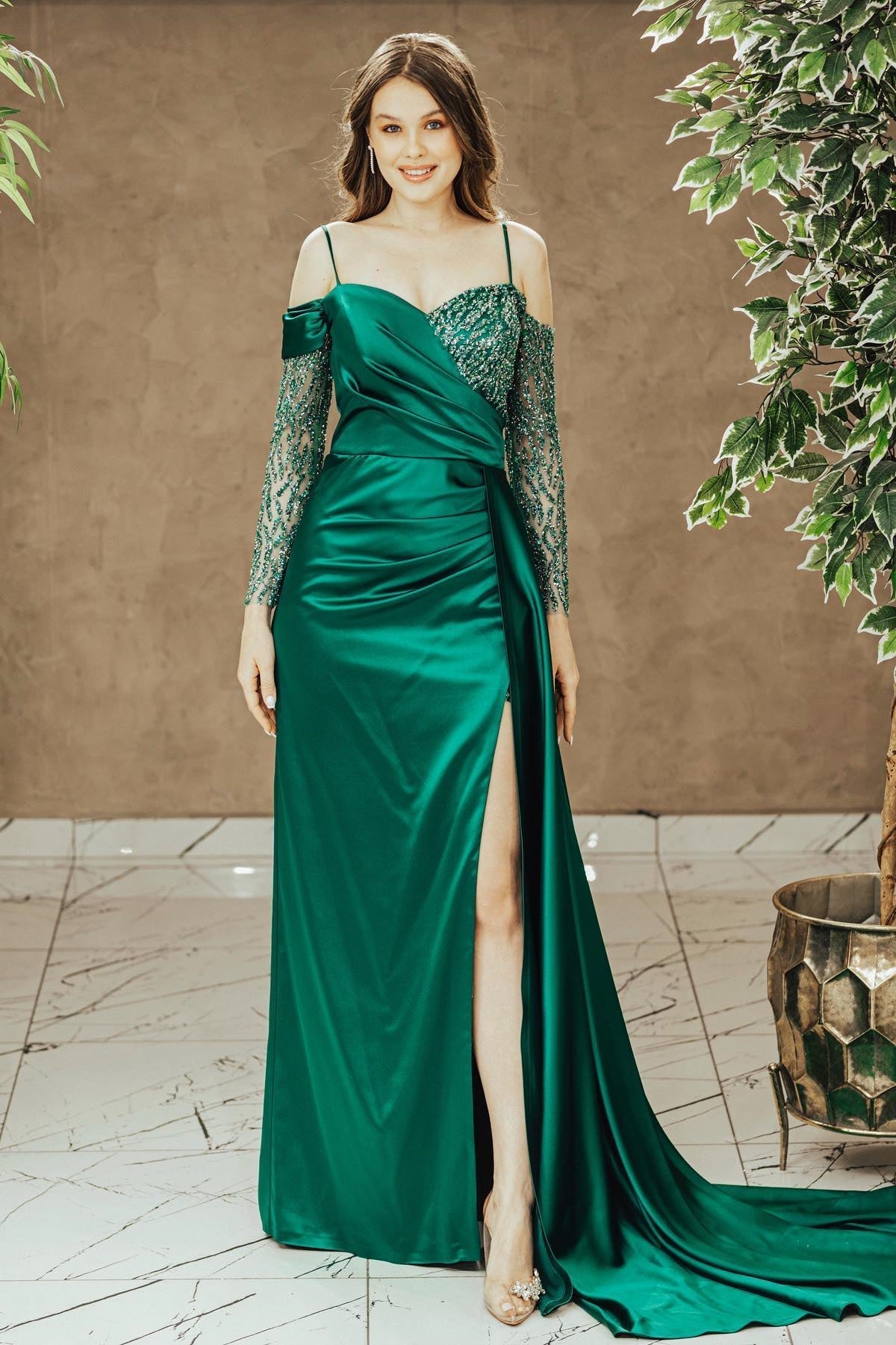 Emerald Sequins Prom Dress With Off-The-Shoulder Spaghetti Straps And Slit Pleated