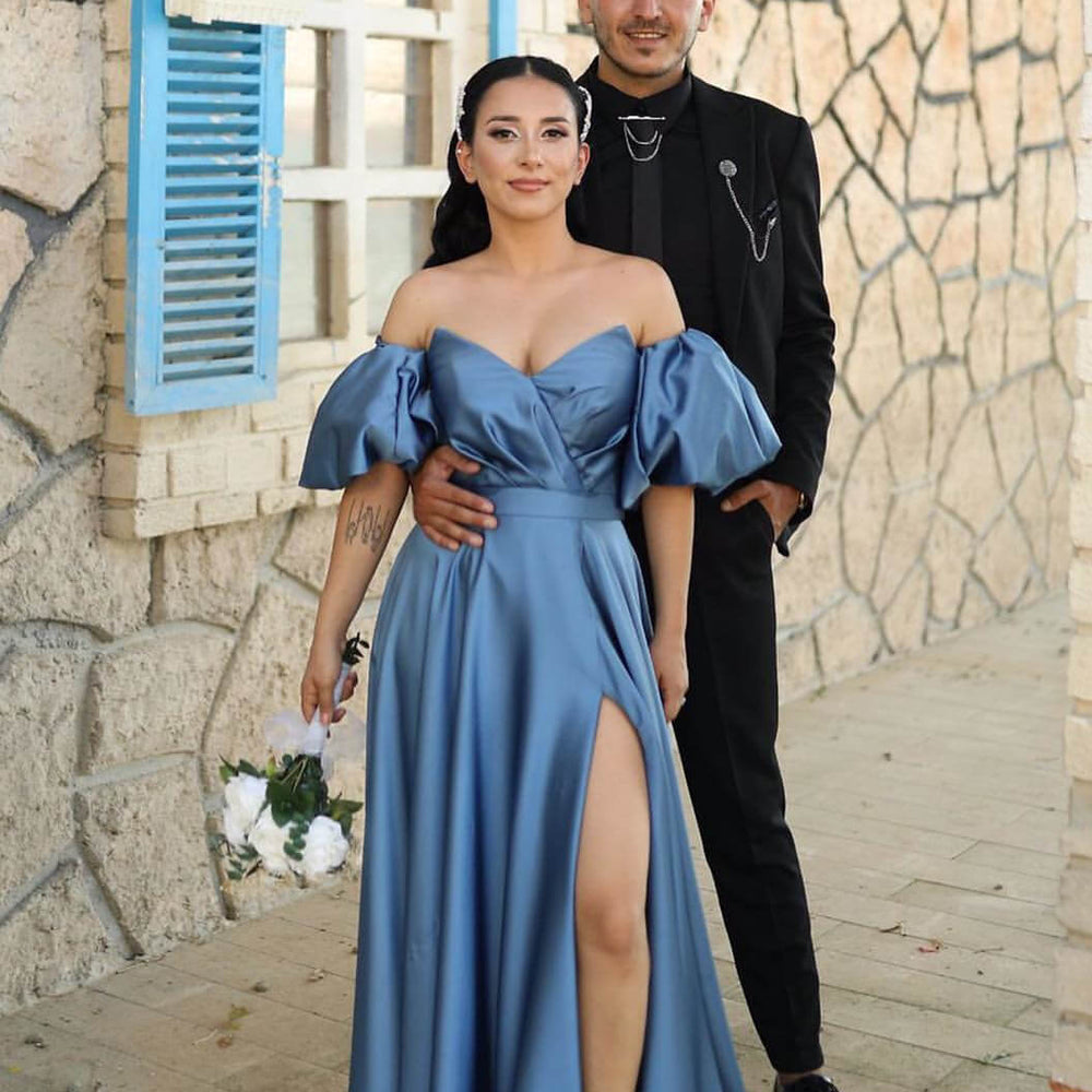 Evening Dress Dusty Blue Sweetheart Off-The-Shoulder Puff Sleeves With Front Split