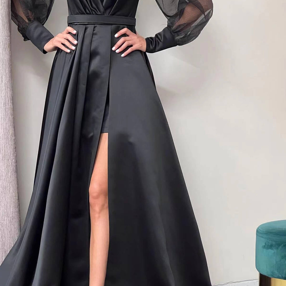 Evening Dress - Long Puff Sleeves A-Line Cut Slit