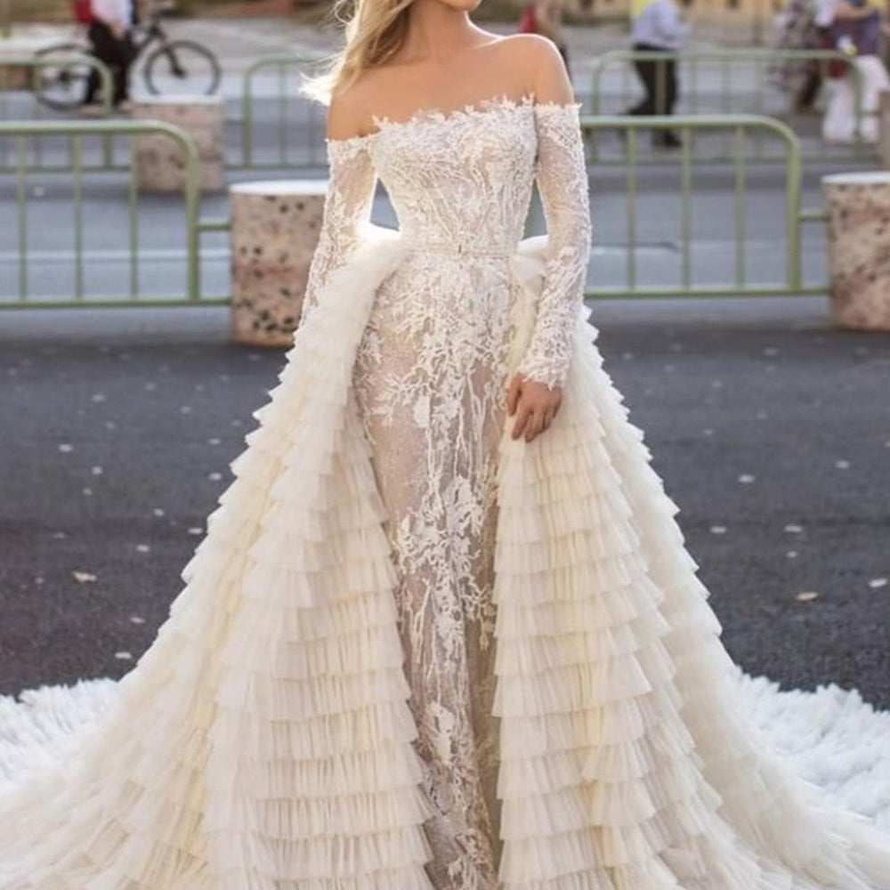 Off-the-Shoulder A-Line Long Sleeve Mermaid Wedding Dress with Train