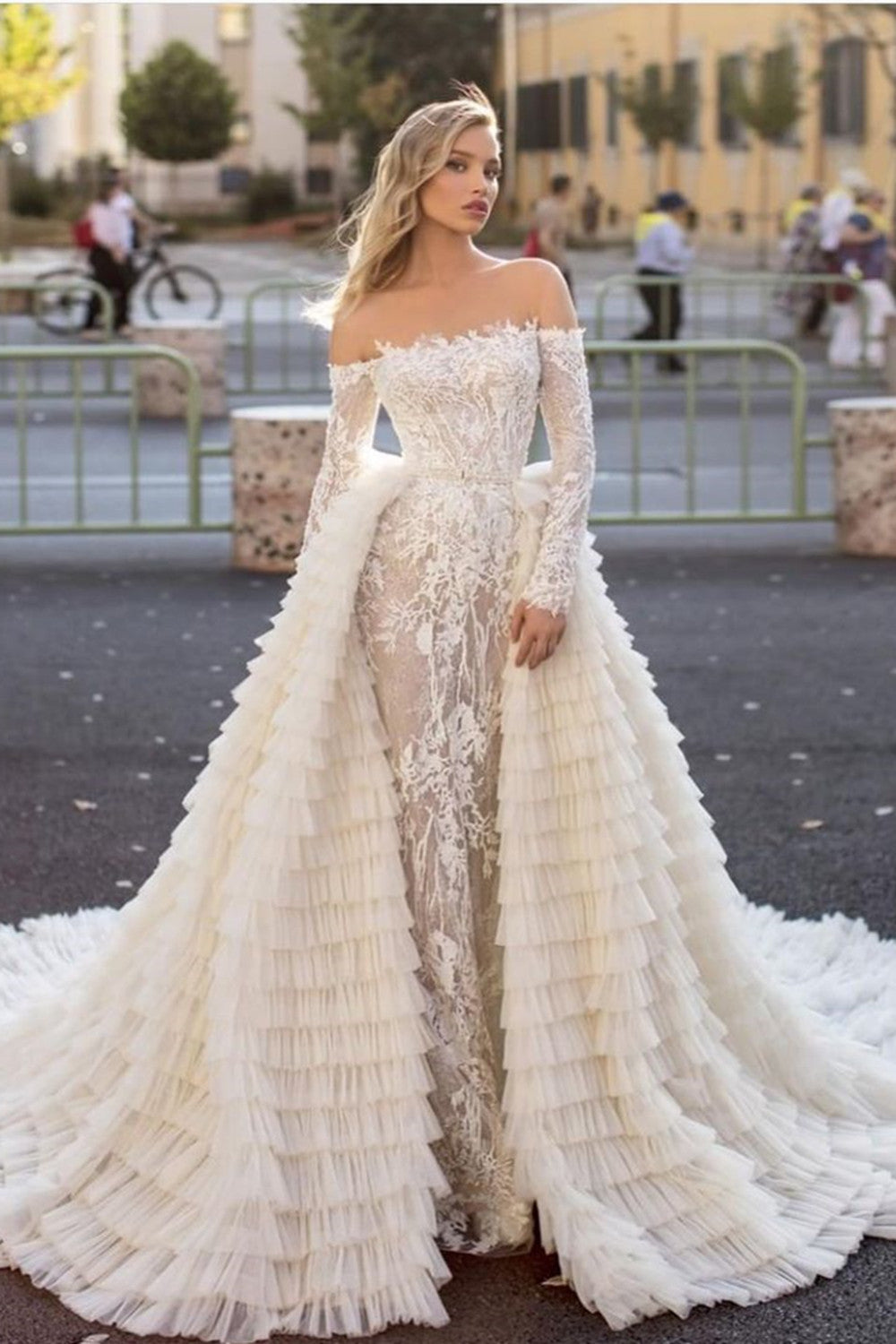 Off-the-Shoulder A-Line Long Sleeve Mermaid Wedding Dress with Train