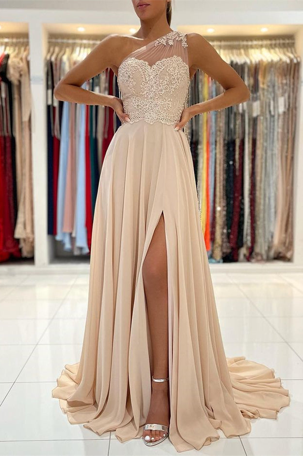 669. One Shoulder Lace Appliques Prom Dress with Slit