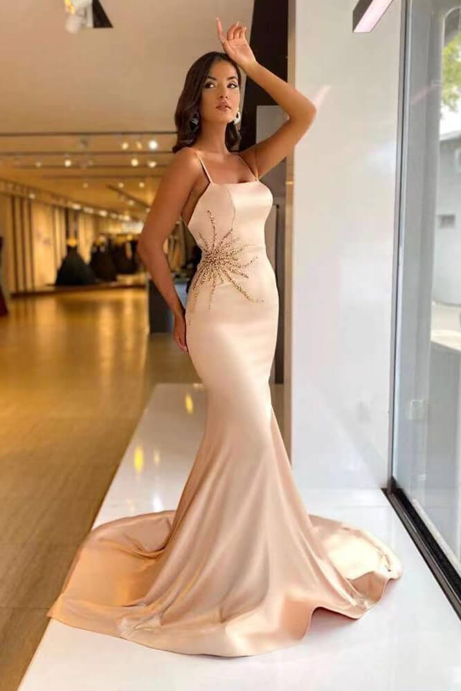 Spaghetti-Strap Long Beaded Mermaid Prom Dress