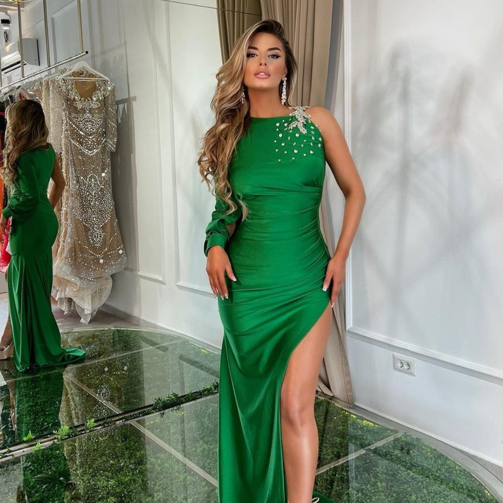 Green Satin One-Shoulder Prom Dress with Slit, Rhinestones, and Appliques