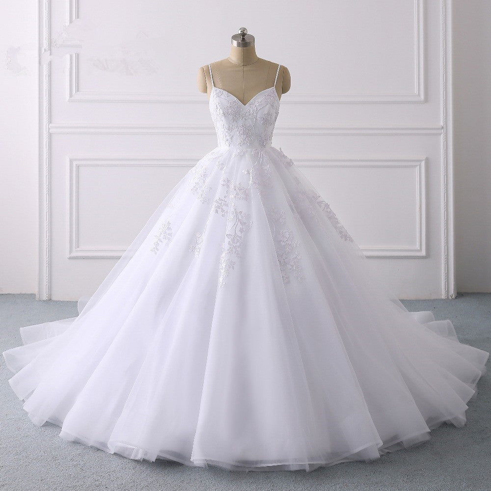 
                      
                        Spaghetti Strap V-Neck Tulle Wedding Dress with Lace Appliques
                      
                    