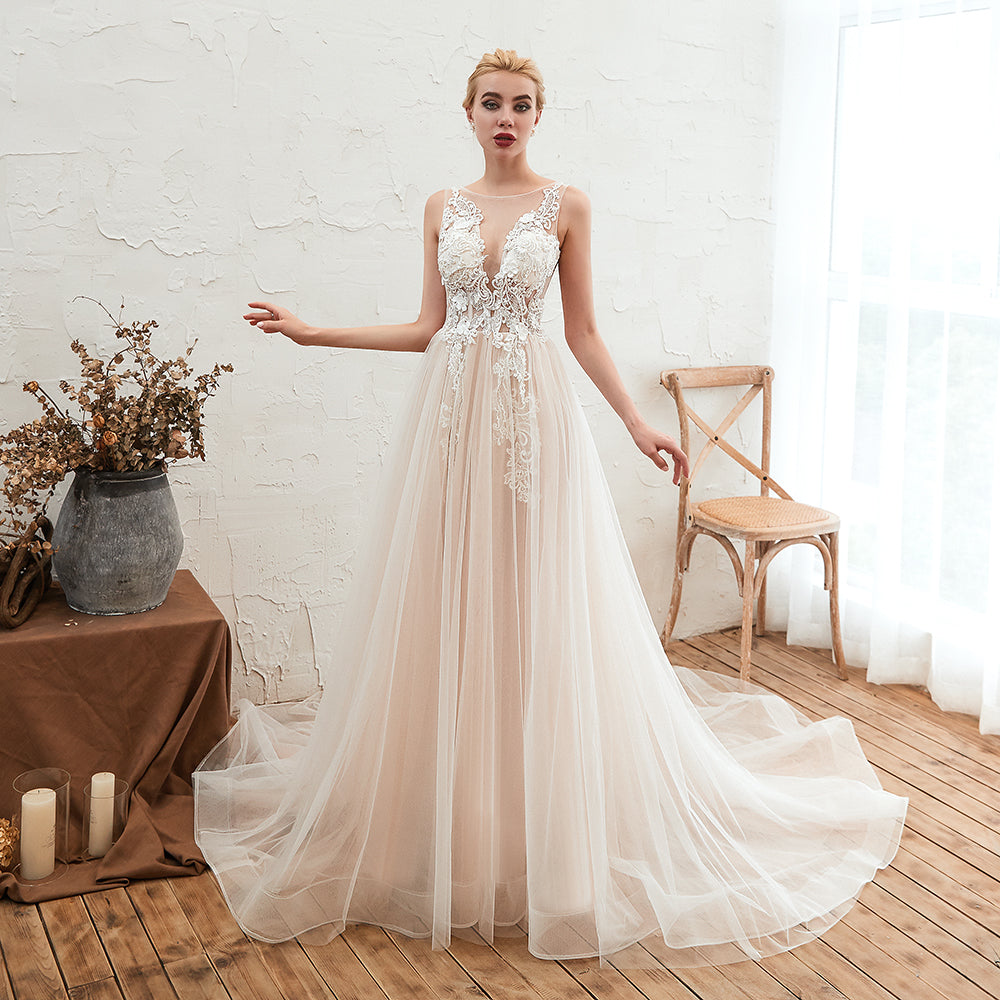 Delicate A-Line Bateau Tulle Open Back Wedding Dress with Floral Lace