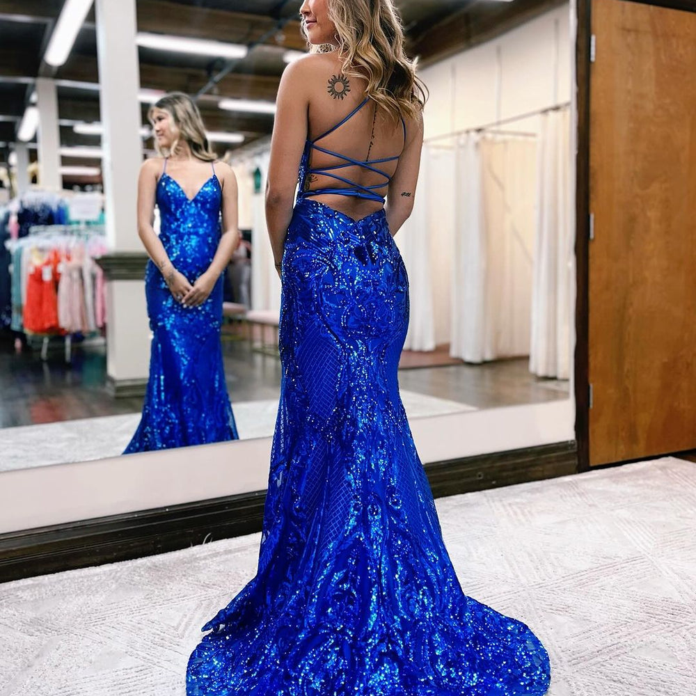 
                      
                        Royal Blue Sequin V Neck Backless Prom Dress
                      
                    