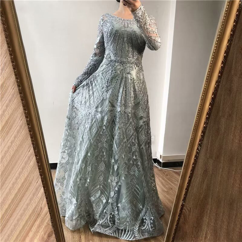 
                      
                        Elegant Ink Blue Long Sleeve Prom Dress, Sequin Applique A-Line
                      
                    