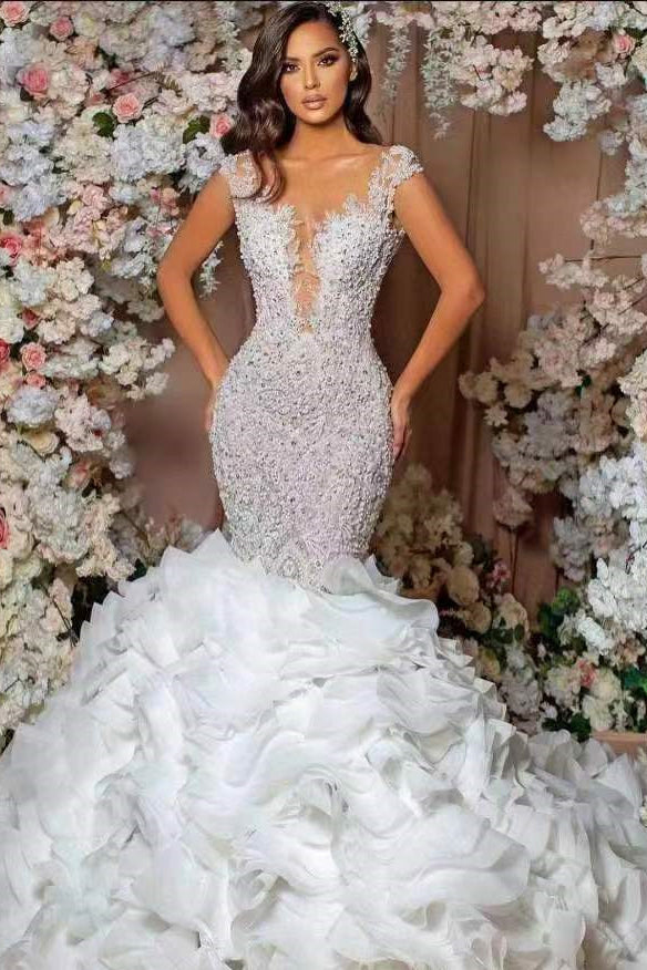 Glamorous Cap Sleeve Mermaid Wedding Dress with Lace Appliques and Ruffle