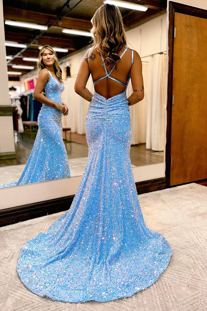 Sparkly Baby Blue Sequin Mermaid Prom Dress with Long Sleeveless V-Neck Backless