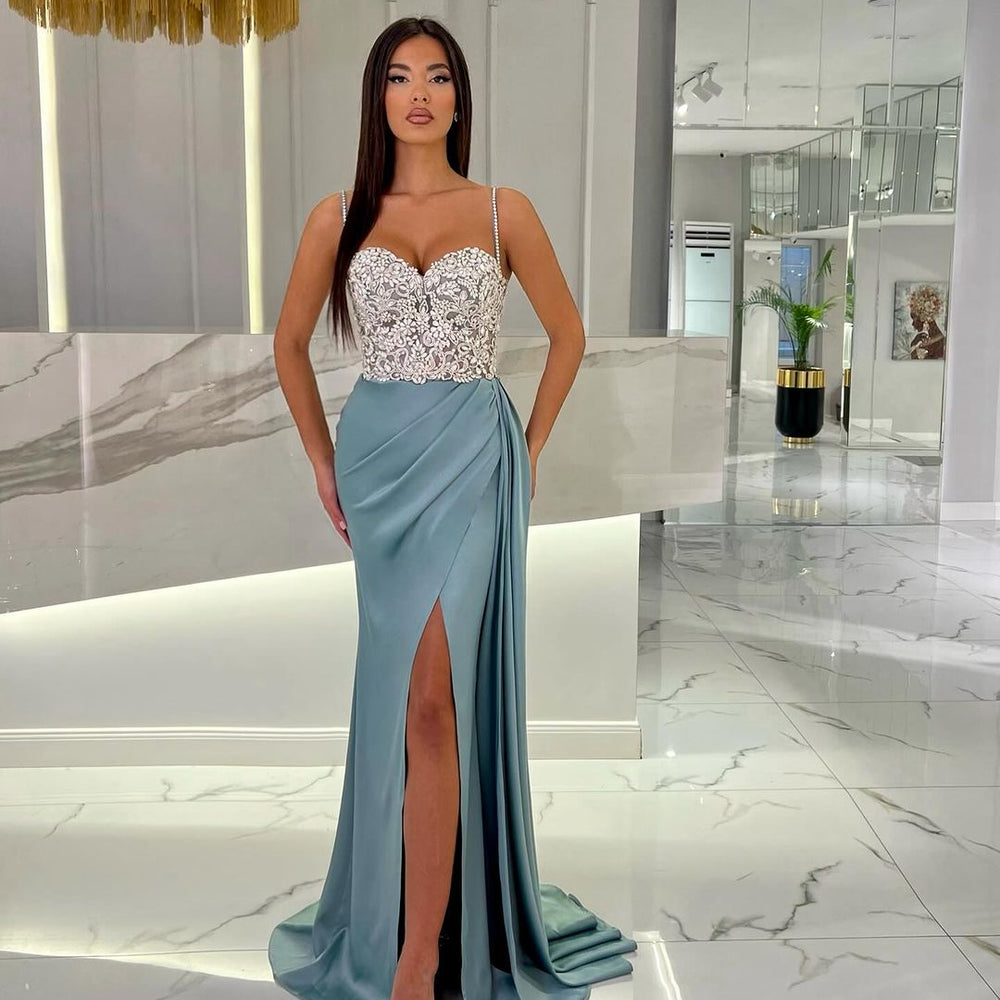 
                      
                        Baby Blue Prom Dress with High Slit, Spaghetti Strap Sweetheart Appliques
                      
                    