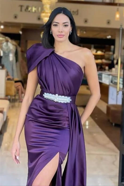 
                      
                        Dark Purple One-Shoulder Long Ruffle Mermaid Prom Dress with Belt
                      
                    